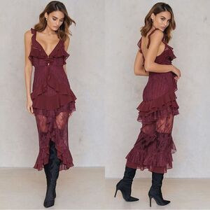For Love and Lemons Daphne Midi Wine Red Dress  Lace Blouse Sheer Size XS